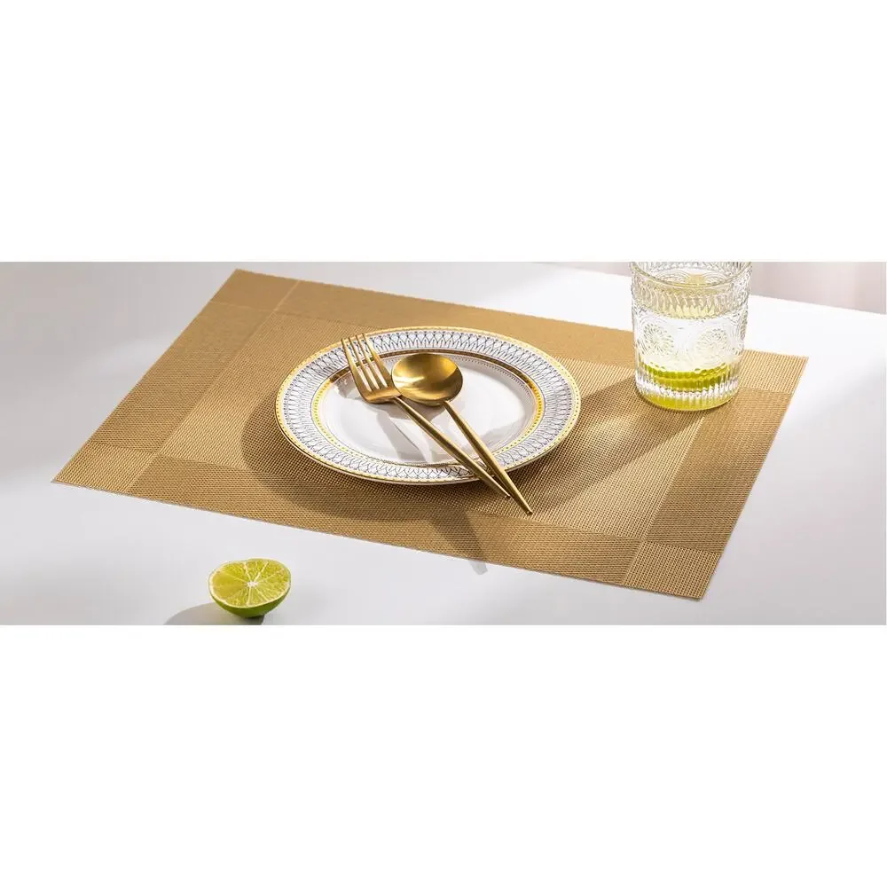 Gold Woven Placemats Set of 6 Vinyl Heat Resistant PVC Washable Table Mats 12x17